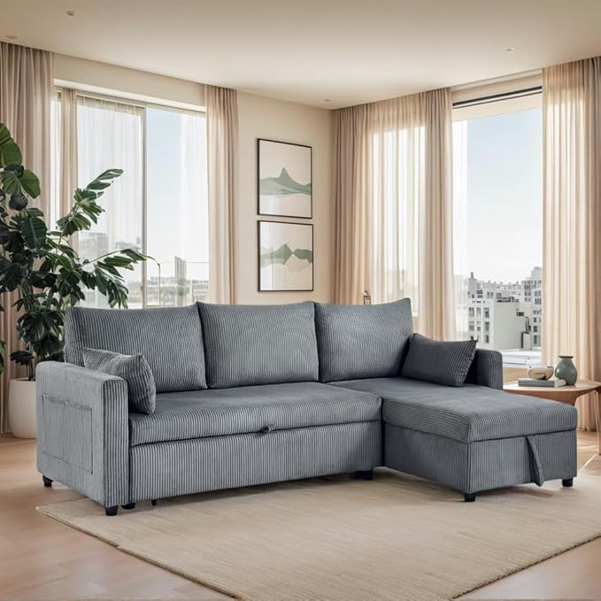 Queen Sleeper Sofa, Convertible Sofa Bed with Storage, 85 Inch Sectional Couch with Pull Out Bed, L Shaped 3 Seat Sectional Sleeper Sofa for Living Room, Apartment, Grey