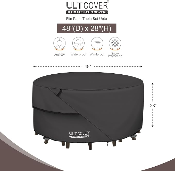 ULTCOVER Round Patio Furniture Cover - Outdoor Waterproof Table with Chair Set Cover 48 inch, Black - Image 2