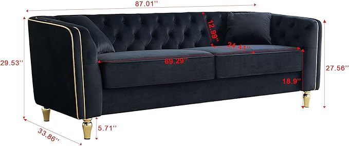 KEIKI 87" Chesterfield Velvet Button Tufted Sofa with High Density Foam Cushions, Modern Style 3-Seater Couch with Gold Strip Trim Decoration, Easy Assembly, for Apartment, Living Room, Office, Black