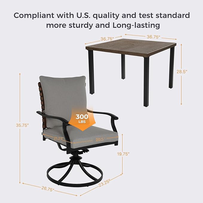 Grand patio 5-Piece Outdoor Dining Set, 4 Leather-Look Wicker Swivel Patio Chairs & 1 Square Woodgrain Dining Table, Brown - Image 4