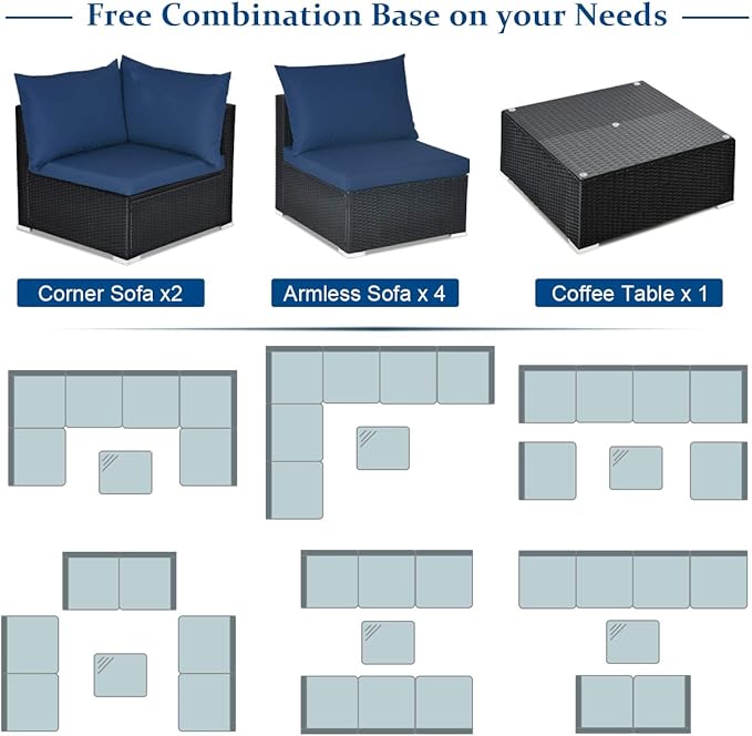 Tangkula 7 Piece Patio Furniture Set, Outdoor Sectional Sofa with 2 Pillows and Cushion Covers, Wicker Sofa Conversation Set with Coffee Table & Tempered Glass Top (Off White & Navy)