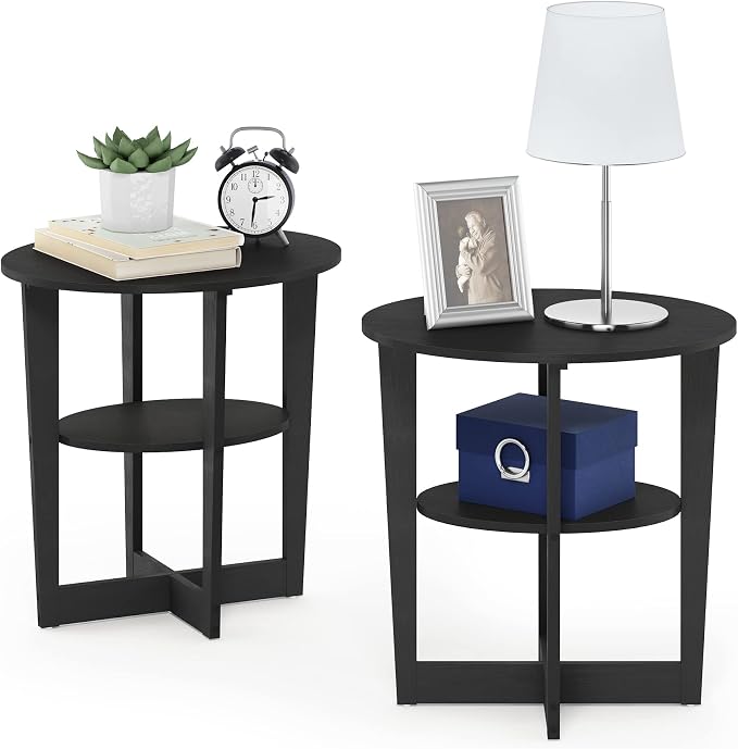 Furinno JAYA Side Table Set of 2, 2-Tier Round Modern End Table with Oval Tabletop, Night Stand, Bedside Table with Open Shelf, for Living Room, Bedroom, Walnut by Furinno-FitsYourSpaceFitsYourBudget