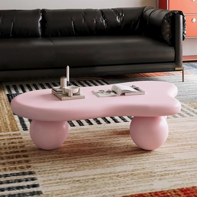 40" Cloud Coffee Table for Living Room Irregular Coffee Table Modern Low Coffee Tables Cute Center Table with 3 Ball Legs for Small Space Apartment Cream Pink