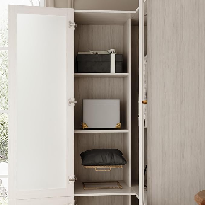 L-Shape Wardrobe Armoire Closet with Hanging Rod & Shelf, Bedroom Armoire with Frosted Glass Doors, Clothes Wardrobe with Gold Knob, Wood Grain, 35.4”D x 35.4”W x 70.9”H