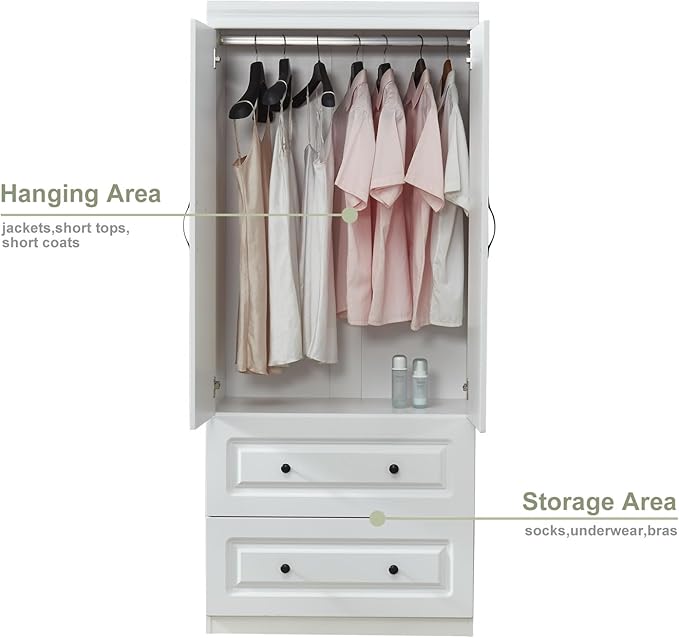 GraceGrove Armoire Wardrobe Closet with 2 Doors and 2 Drawers Tall Cabinet Closet for Large Capacity White Closet Wardrobe Cabinet with Hanging Rail for Bedroom