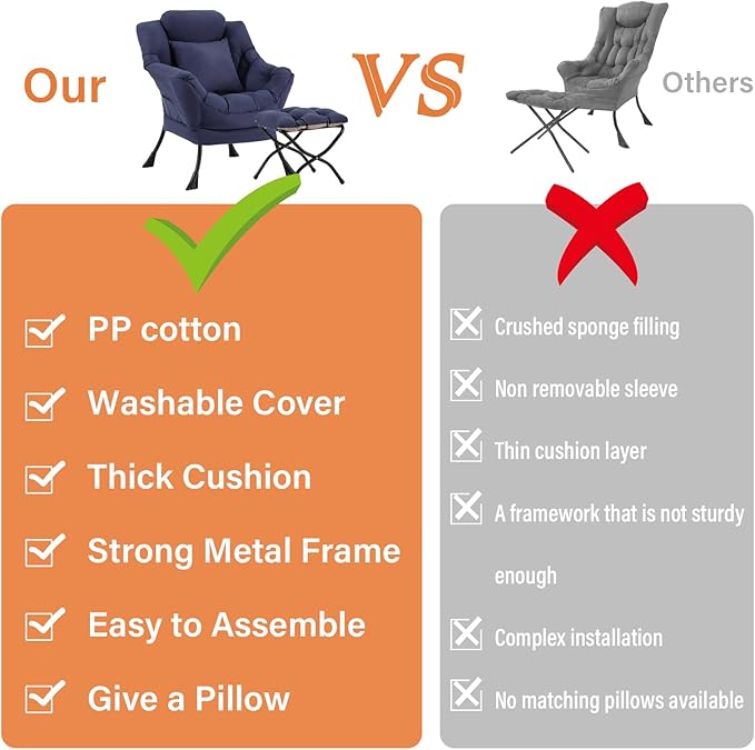 Lazy Chair with Ottoman, Large Accent Chair with Ottoman and a Throw Pillow, Navy Reading Chair for Living Room Bedroom Dorm Room Office Apartment Relaxing Use