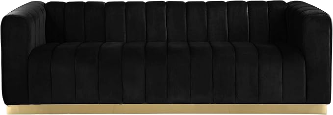 Meridian Furniture 603Black-S Marlon Collection Modern | Contemporary Velvet Upholstered Sofa with Deep Channel Tufting, Stainless Steel Base in a Brushed Gold Finish, Black, 86.5" W x 34" D x 28" H