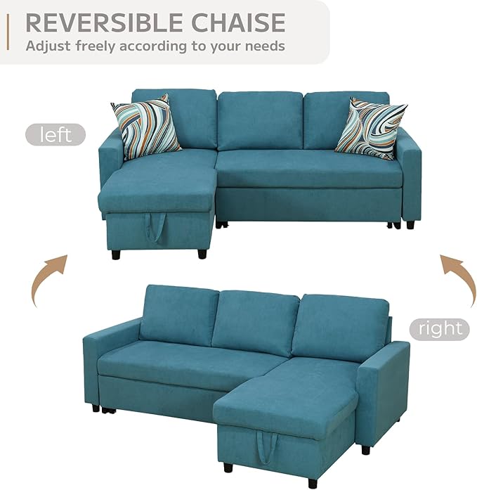 L-Shaped Sleeper Sofa with Chaise Lounge & Storage, Pull-Out Couch Bed with Recliner, Full Size Futon for Living Room, Office, Apartment Teal