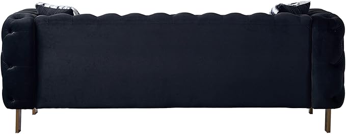 KEIKI 84" Chesterfield Velvet Tufted Button Sofa with Removable Cushions and 2 Toss Pillows, Modern 3-Seater Couch with 4 Gold Metal Legs, Easy Assembly, for Living Room, Bedroom, Apartment, Black