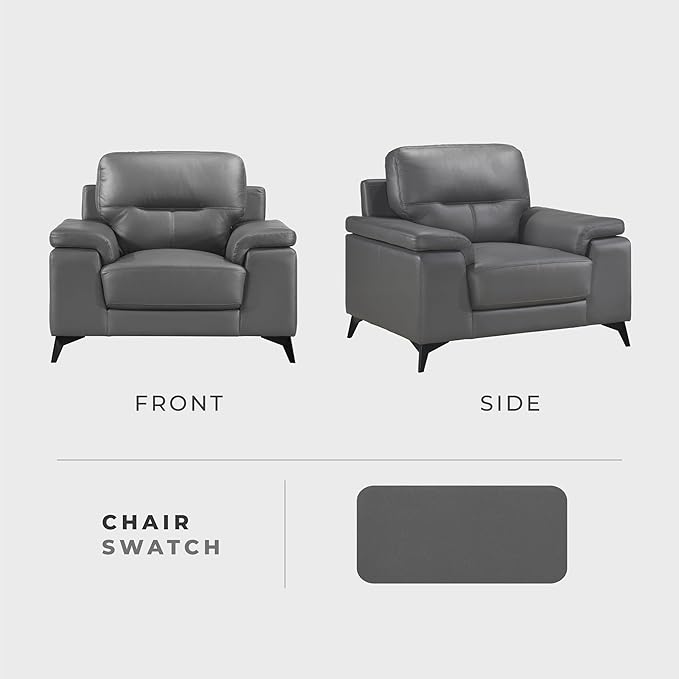 Lexicon Leather Chair, Oversized Chair, Top Grain Leather Lounge Chair, Modern Sofa Arm Chair for Living Room, Bedroom, Office, Apartment, Armchair, Dark Gray