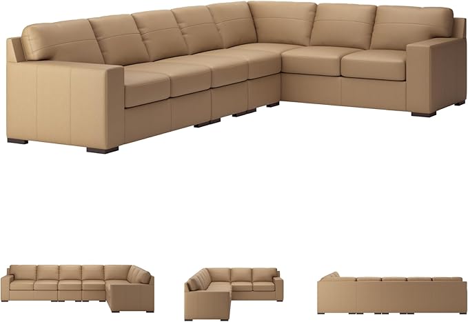 Signature Design by Ashley Bandon Modern Leather Match Right-Arm Facing 4-Piece Sectional with Removable Cushions and Armrest, Light Brown