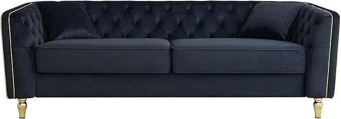 KEIKI 87" Chesterfield Velvet Button Tufted Sofa with High Density Foam Cushions, Modern Style 3-Seater Couch with Gold Strip Trim Decoration, Easy Assembly, for Apartment, Living Room, Office, Black