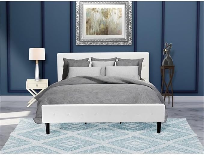 East West Furniture NL19K-1HA05 2 Piece Bedroom Set - Button Tufted Bed Frame - Linen white Velvet Fabric Upholstered Headboard and a Linen white Finish Nightstand