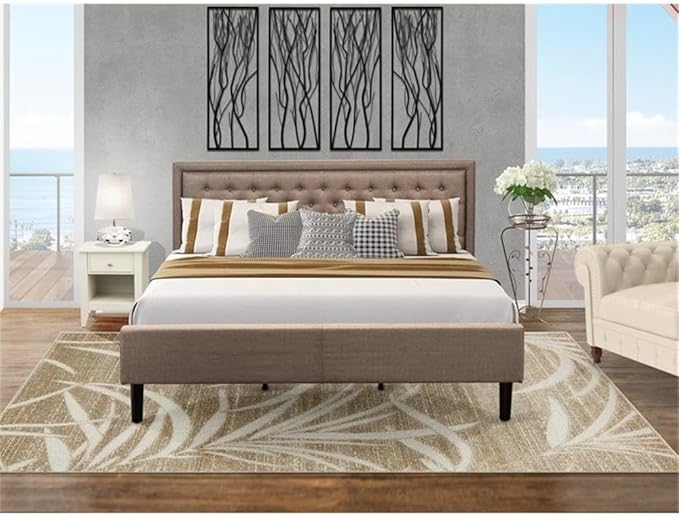 East West Furniture KD16K-1GA0C 2 Piece Bedroom Set-1 King Bed Frame Brown Linen Fabric Padded and Button Tufted Headboard with 1 Wood Wire Brushed Butter Cream Finish Nightstand