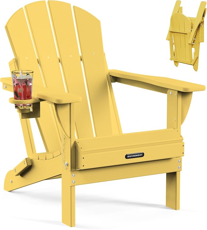 MUCHENGHY Folding Adirondack Chairs, Patio Chairs, Lawn Chairs, Outdoor Chair, Adirondack Chair Plastic, Fire Pit, Weather Resistant with Cup Holder for Deck, Backyard, Garden(Olive Yellow) by MUCHENGHY