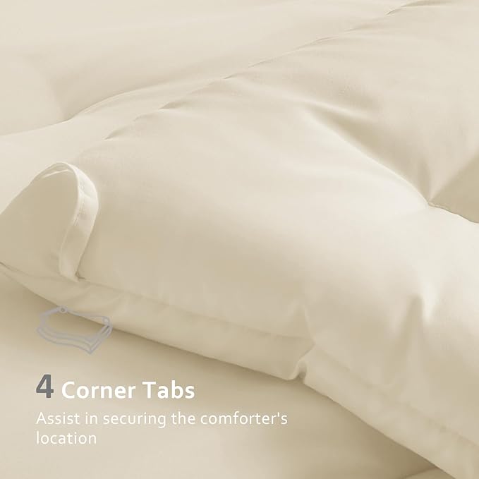 Comforters Oversized Queen Size, All Season Quilted Bed Comforter, Ultra-Soft Down Alternative Duvet Insert with 4 Tabs, Lightweight Bedding Blanket - Machine Washable, Beige