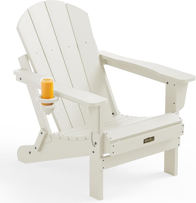 SERWALL Folding Adirondack Chair with Cup Holder, HIPS Adirondack Chairs Outdoor Chairs Weather Resistant Fire Pit Chairs- White by SERWALL