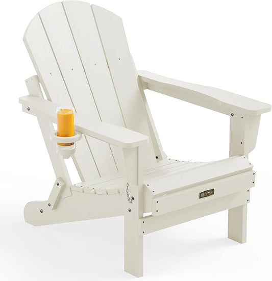 SERWALL Folding Adirondack Chair with Cup Holder, HIPS Adirondack Chairs Outdoor Chairs Weather Resistant Fire Pit Chairs- White by SERWALL