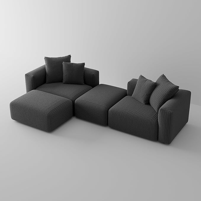 Acanva Corduroy Convertible Modular L Shaped Sectional Sofa, 4 Seater Free Combination Corner Couch, Convertible to DayBed, Wide Loveseat with Moveable Ottomans for Small Spaces, Sleeper Bed, Black