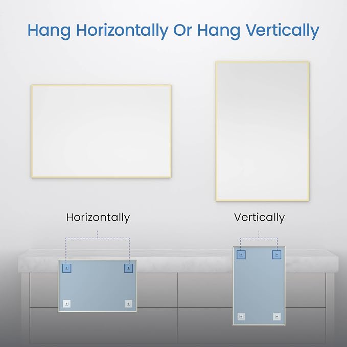 KIBI 24" x 36" Shatterproof Wall Mount Metal Frame Mirror – Horizontal or Vertical Hanging, Modern Rectangular Vanity Mirror for Bathroom, Entryway, or Living Room (Brushed Gold, FM1-2436BG) - Image 8