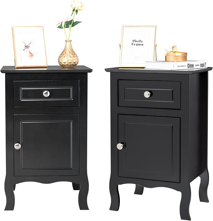 Karl home Black Nightstand Set of 2,Modern Bedside Tables with Drawer & Door, Side Tables,End Table for Bedroom,Home Office by Karlhome