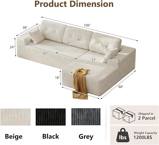Ball & Cast 106‘’ Cloud Couch Sectional,Corduroy Upholstered Boneless Modular Sectional Sofa, L-Shaped Couch w/Soft and Wide Armrest,Sectional Couches for Living Room,Right Facing Chaise (Beige)