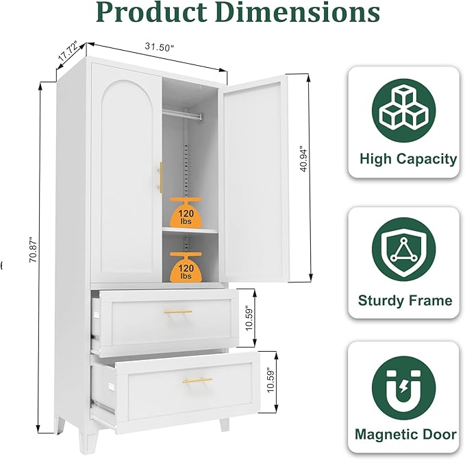 71" Metal Armoire Wardrobe Closet with 2 Drawers, Freestanding Arched 2-Door Tall Clothing Storage with Adjustable Shelves and Hanging Rod for Bedroom Dorm, White