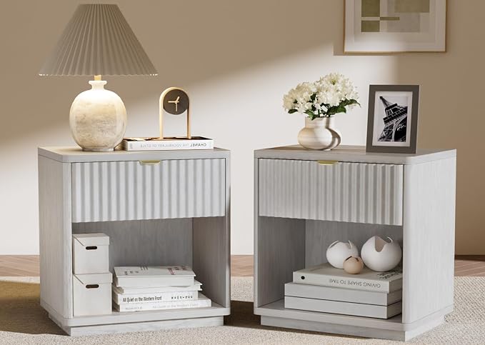 Nightstands Set of 2, Nightstand with Drawers Bedside Table End Table, Modern Fluted Nightstand Bed Side Table for Bedroom Living Room (Gray) by SnuHome