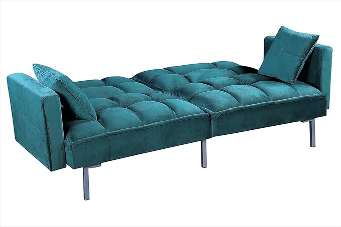 Regal 75.6" Velvet Convertible Sofa Bed - Mid-Century Sleeper Couch w/Tufted Design & Metal Legs - Pull-Out Futon for Guests/Home (75.6" W x 34.6" D x 32" H), Blue