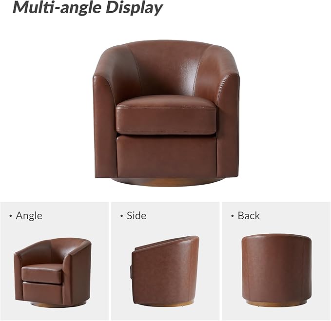 HULALA HOME Genuine Leather Swivel Barrel Chairs Set of 2, Round Swivel Accent Chairs with Solid Wood Base, Leather Barrel Accent Chair for Living Room, No Assembly Required, Brown