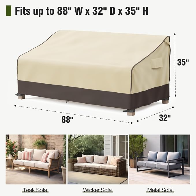 MR. COVER 3-Seater Outdoor Couch Cover Waterproof, 90 Inch Patio Furniture Covers Waterproof with All Weather Protection, Heavy Duty Outdoor Sofa Covers with Air Vent and Handles, Brown & Khaki - Image 2
