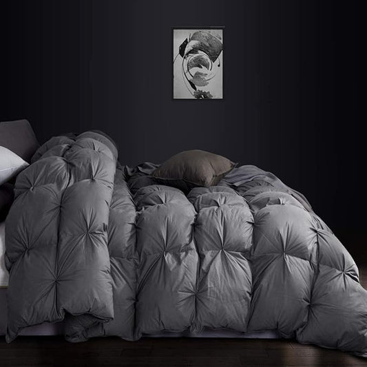 Luxurious All-Season Goose Down Feather Fiber Comforter Twin Size Duvet Insert, Exquisite Pinch Pleat Ruffled Twisted Flower, Premium Baffle Box, 100% Egyptian Cotton Cover, 50 oz. Fill Weight, Gray
