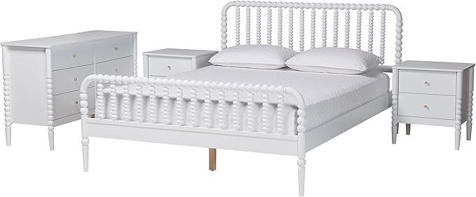 Baxton Studio Lucera Bobbin Wood Bedroom Set, 4-Piece, Full, White