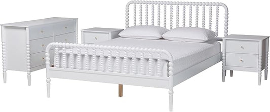 Baxton Studio Lucera Bobbin Wood Bedroom Set, 4-Piece, Full, White