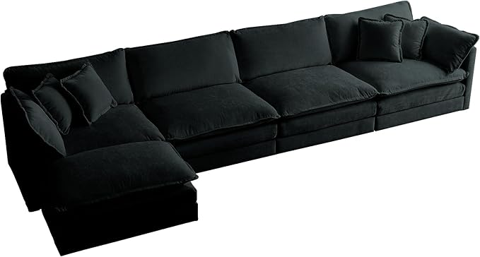ERYE Shaped Oversized Sectional Sofa Modern Deep Seat Reversible Chaise Sofa&Couch with Movable Ottoman, Modular Sleeper Upholstered Couch for Living Room, Apartment, Studio, Office, 146.5", Black/L