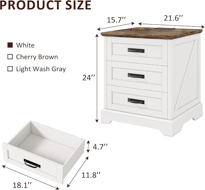 Whalefall Farmhouse Night Stand Set of 2, Large 3 Drawers Bedside Table with Charging Station, 22 inch Wide End Table for Bedroom, 2pcs White - Image 2