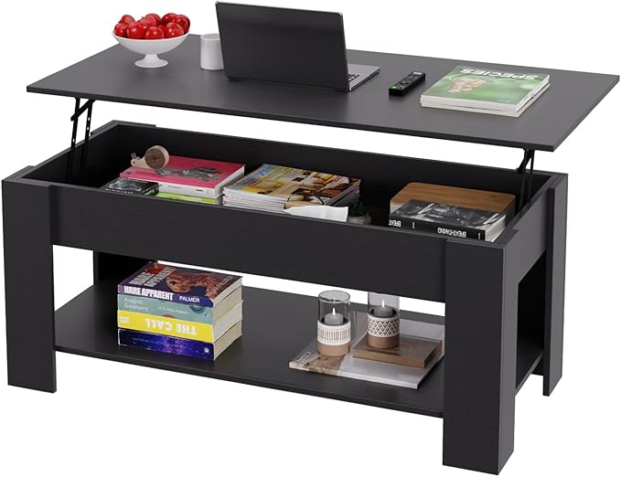 PayLessHere Coffee Table Lift Top Coffee Tables with Hidden Compartment and Storage Shelf Wooden Lift Tabletop Dining Table for Living Room Home (Black, 47" D x 31" W x 25" H)