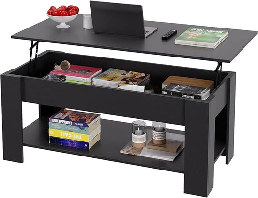 PayLessHere Coffee Table Lift Top Coffee Tables with Hidden Compartment and Storage Shelf Wooden Lift Tabletop Dining Table for Living Room Home (Black, 47" D x 31" W x 25" H)