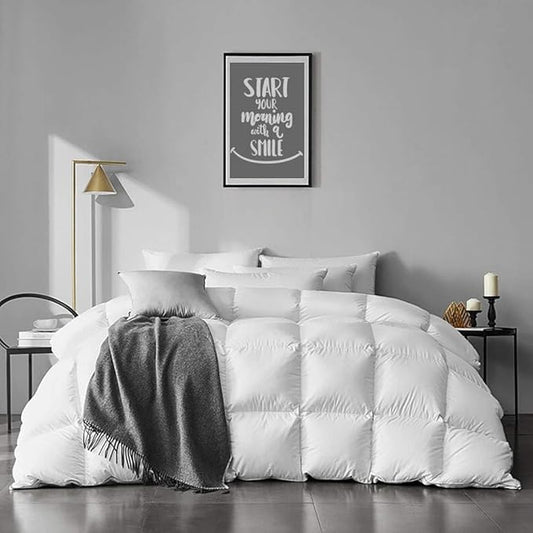 APSMILE Heavyweight Feather Down Comforter Oversized King Size - 100% Organic Cotton Quilted Thicker Winter Warmest Duvet Insert for Colder Weather/Sleepers (120x98, Ivory White)