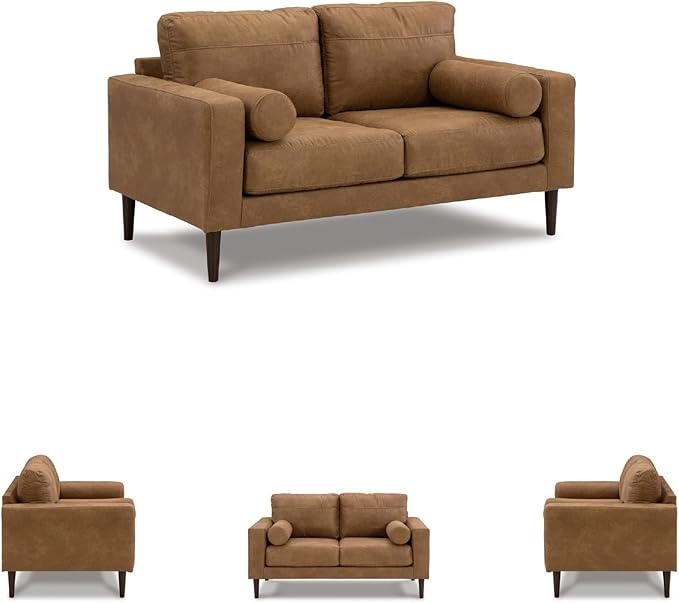 Signature Design by Ashley Telora Modern Faux Leather Loveseat with 2 Bolster Pillows, Dark Brown