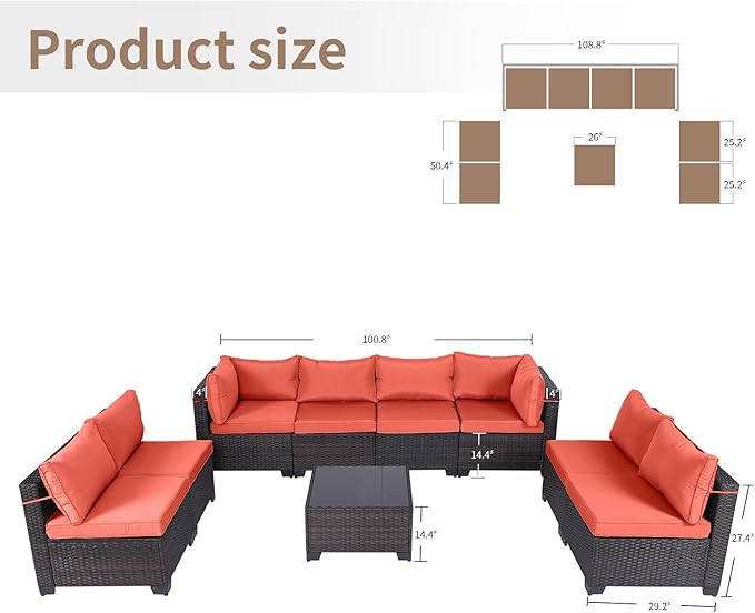 CHABATREE 9 Pieces Outdoor Patio Furniture Sets,Rattan Conversation Sectional Set,Manual Weaving Wicker Patio Sofa with Tea Table