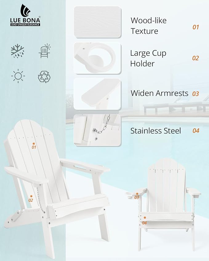 LUE BONA HDPE Folding Adirondack Chairs Set of 4 - Weather Resistant Seating with Cup Holder for Patio, Fire Pit, Deck & Resort Garden, White - Image 5
