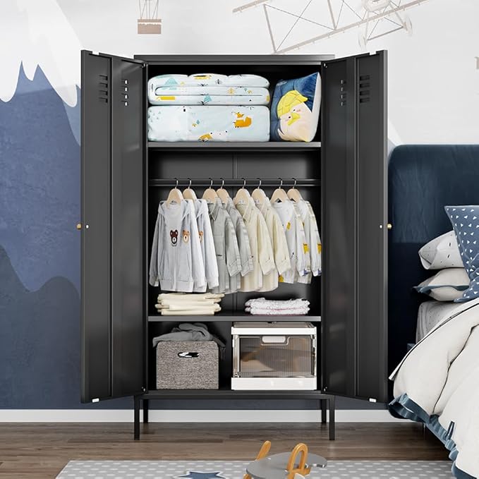 2 Door Metal Cabinet,Classified Storage Tall Storage Cabinet with Hanging Rod&2 Freely Adjustable Shelves, Metal Tall Storage Cabinet for Garage, Storage Room,Home (Steel Cabinet,Black)
