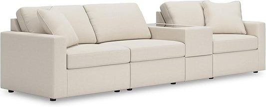 Signature Design by Ashley Modmax Coastal Modular Stain Resistant 4-Piece Sectional with Storage Console, Drawer and 2 Accent Pillows, Beige