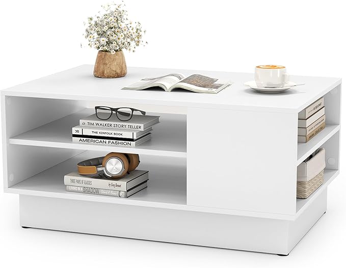 GOFLAME Modern Coffee Table with Storage, 34” Wooden Center Table with 2-Tier Open Storage Shelves, Open Side, Rectangular Tea Table for Living Room, Reception Room, Lounge, White