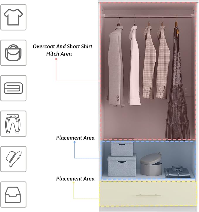 Hitow Wardrobe Armoire Closet with 2 Doors, Freestanding Wardrobe Cabinet with Drawer & Hanging Rod, Bedroom Armoire Clothes Organizer, Type C White (31.5" W x 18.9" D x 66.9" H)