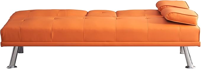 KEIKI 67" Leather Folding Futon Sofa w/Cup Holder & Adjustable Backrest, Mid Century Modern Couch Loveseat Convertible to Sleeper Bed, Comfy Cloud Couch SofaBed for Living Room & Bedroom, Orange
