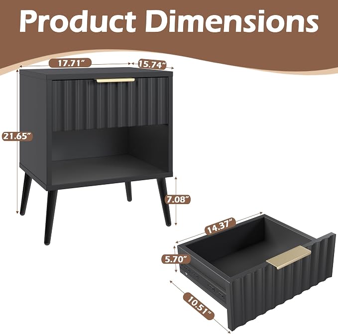 JOMEED Solid Wood Nightstand with 2 Fluted Drawers & Adjustable Shelf, Multi-Use Bedside Table, End Table for Bedroom, 15.74" D x 17.71" W x 21.65" H, Black - Image 2
