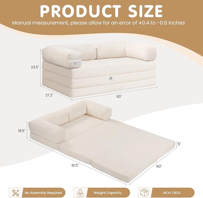 Folding Sofa Bed, Convertible Sleeper Chair with Pilow Foldable Matress, 2 in 1 Pull Out Loveseat Sofa Portable Fold Out Chair Bed Floor Couch Lounge for Living Room (Beige, Queen-82"L x 60"W)