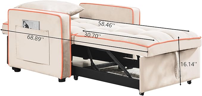 3 in 1 Convertible Sleeper Sofa Chair, 35" Pull Out Sofa Bed Recliner for Adult with Adjustable Backrest, Velvet Fabric Sleeper Couch Single Modern Chair for Living Room Bedroom, Cream White